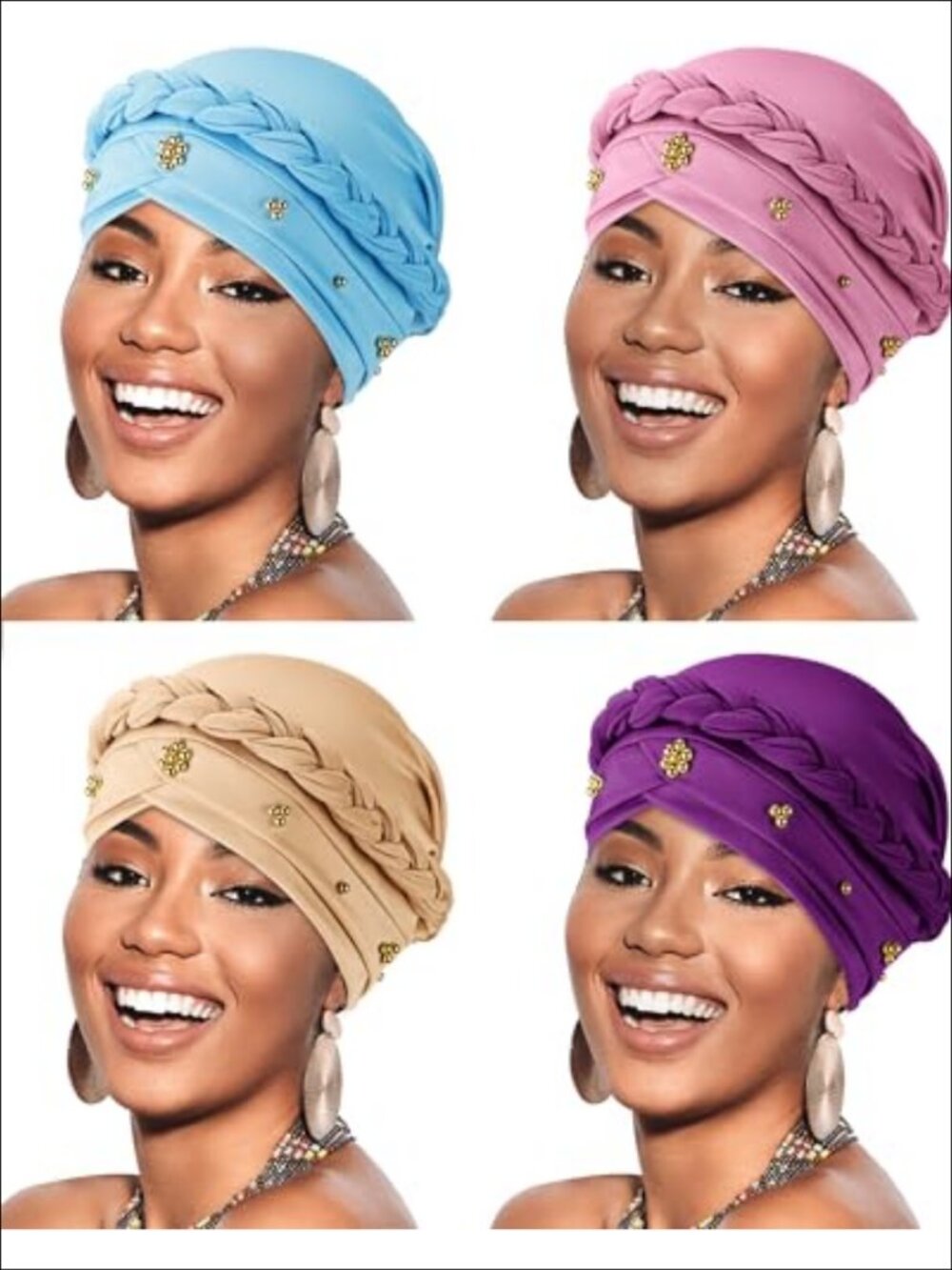 4 Pc Women's Twisted Braid Turban Headwrap Cap Chemo Hat Beaded One Size